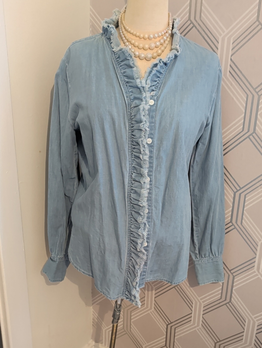 Ruffle-Trim Light Blue Button-Down Shirt